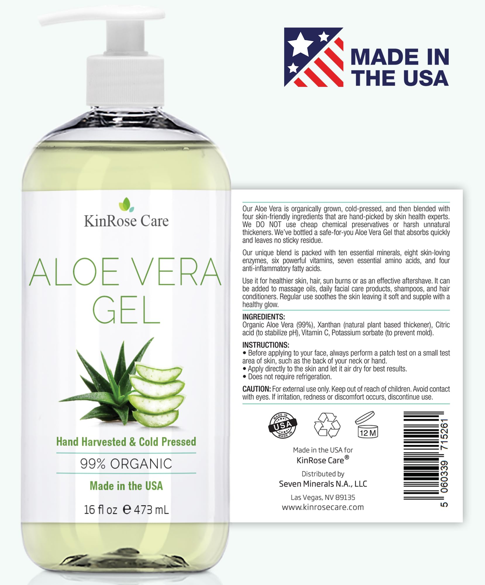 KinRose Care Aloe Vera puro, alivio suave para quemaduras ligeras.