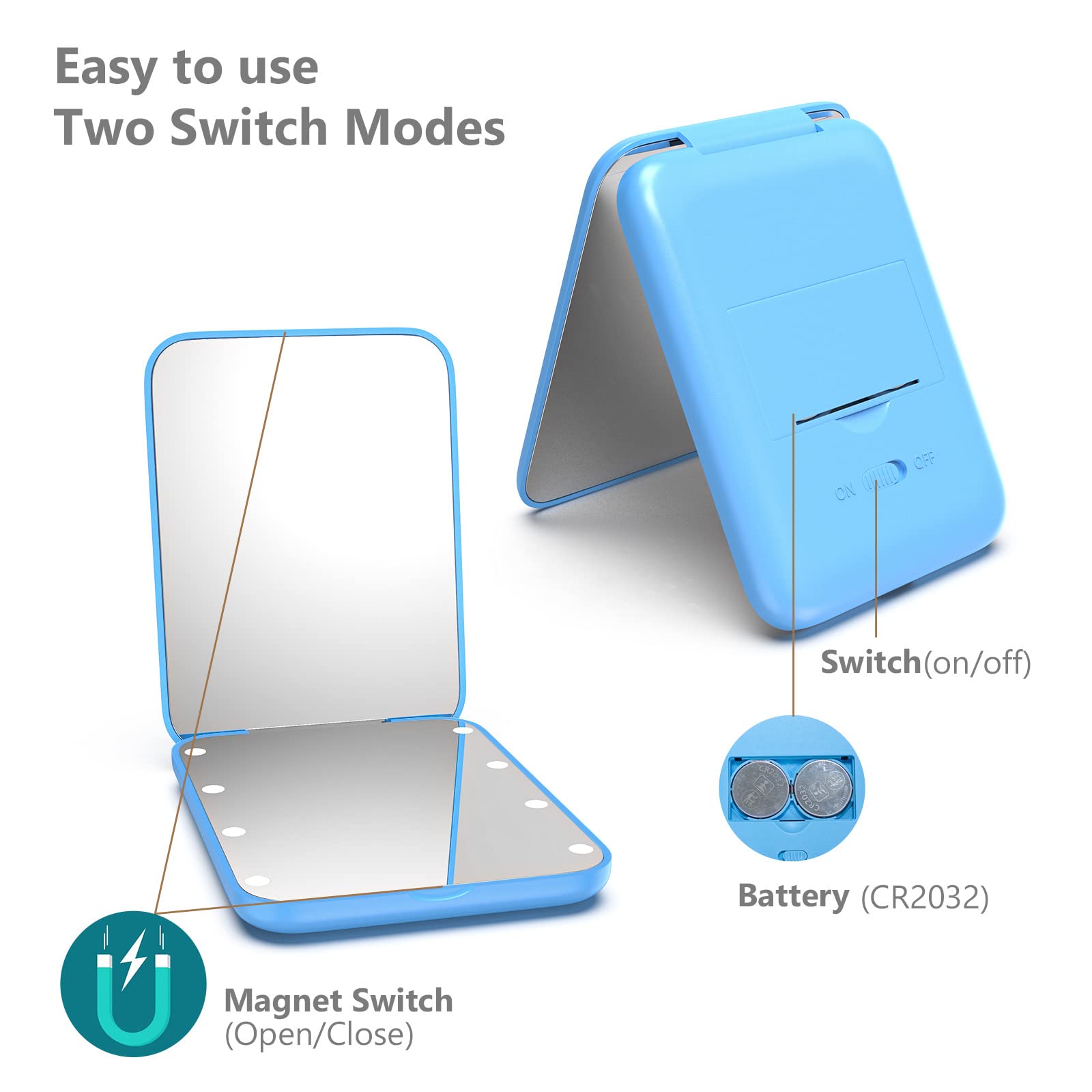 Kintion 180-degree hinge mirror lays flat for easy handheld use.