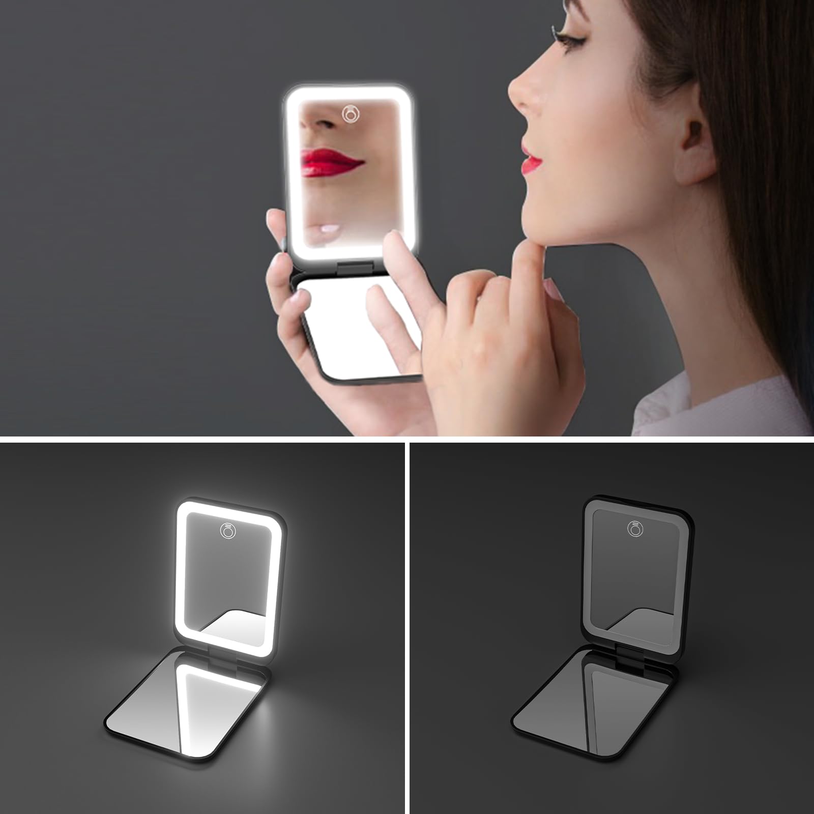 Kintion pocket mirror uses two hidden magnetic switches for quick, clean lighting control.