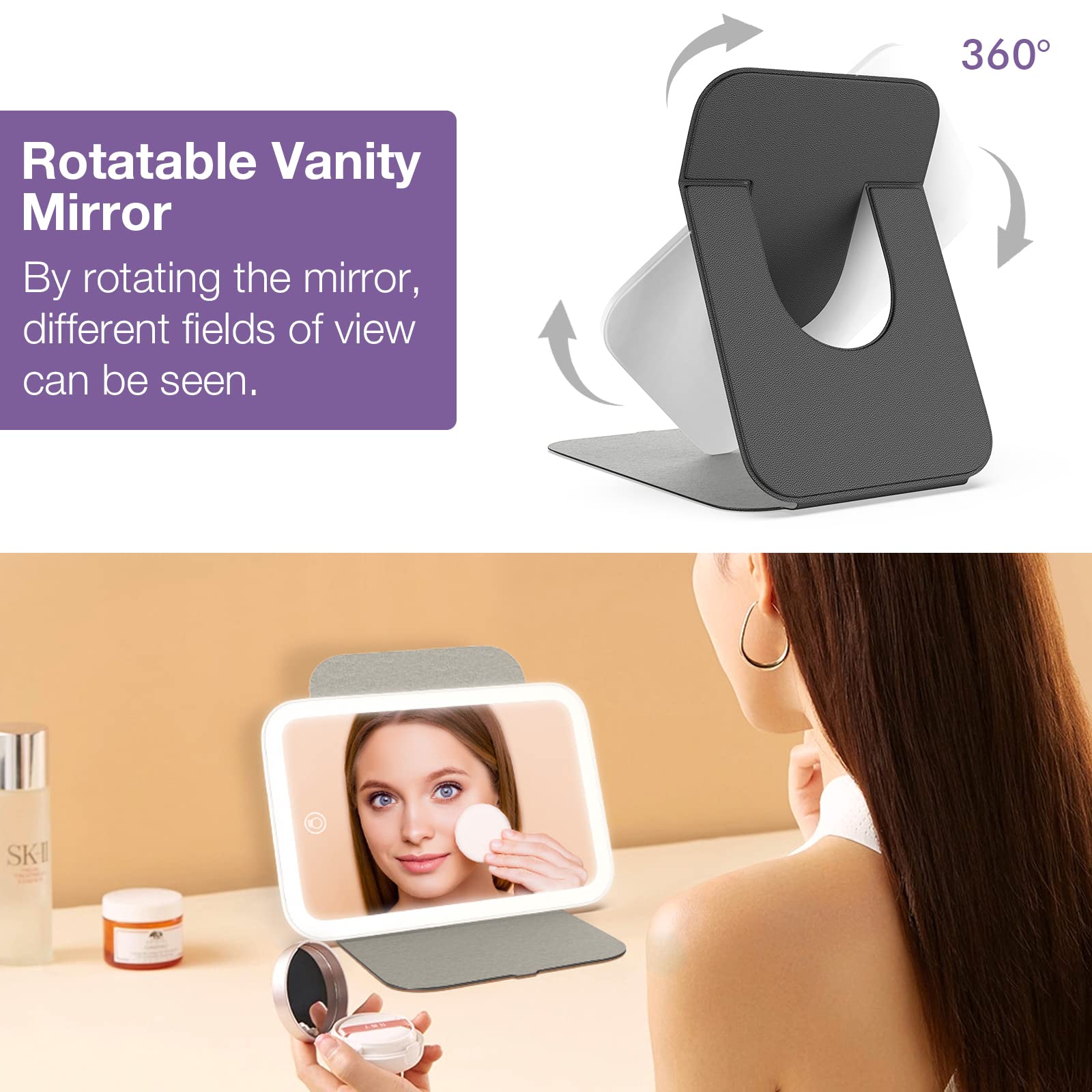 Kintion rechargeable tabletop mirror for cordless use anywhere.