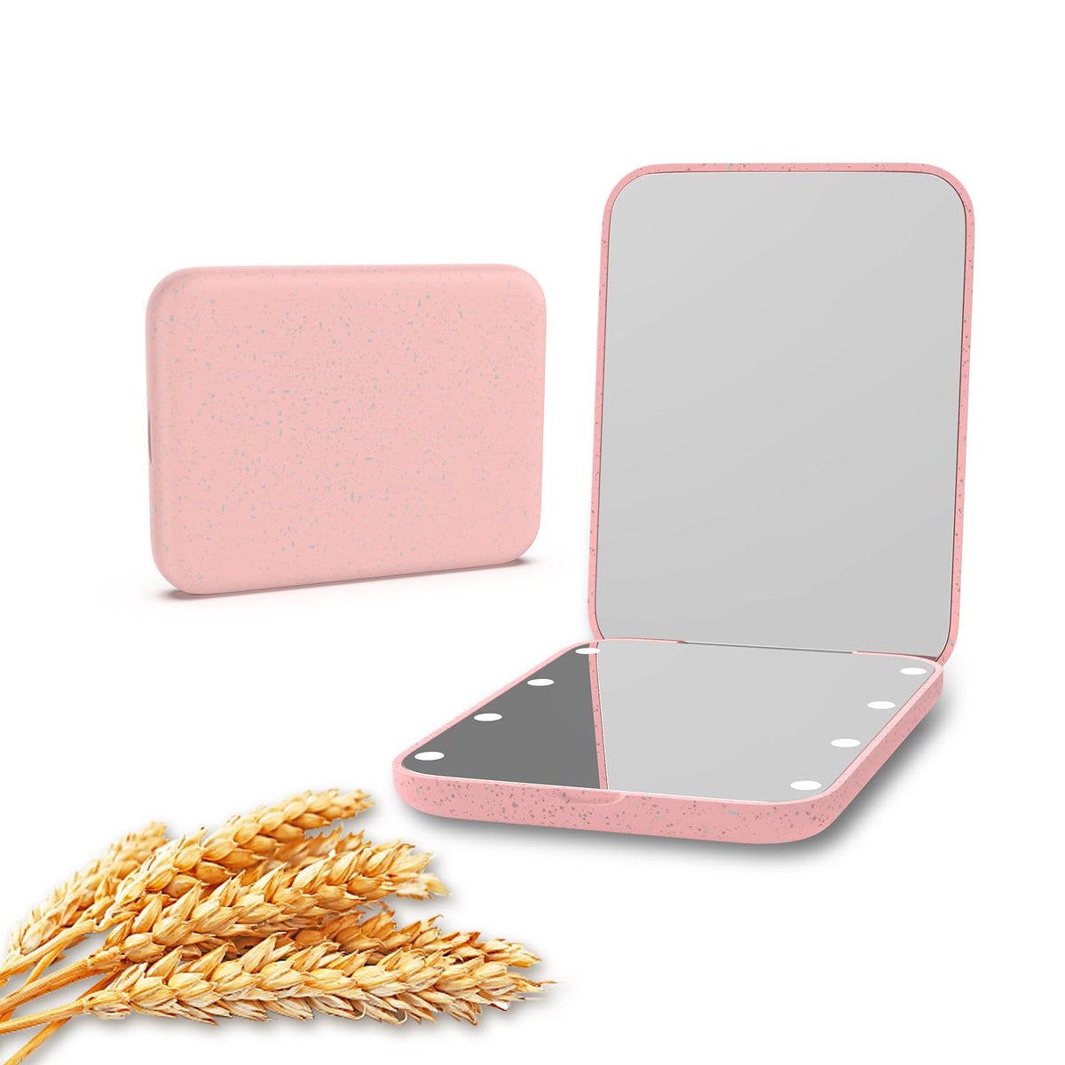 Kintion Wheat Straw Pocket Mirror shown with 1x and 3x magnification for on-the-go makeup checks.