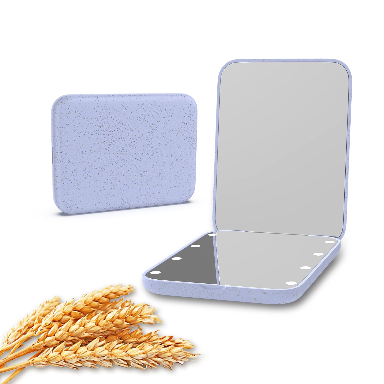 Kintion wheat straw pocket mirror outer view in purple, compact for on-the-go touch-ups.