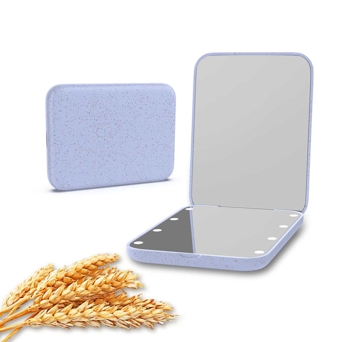 Kintion wheat straw pocket mirror outer view in purple, compact for on-the-go touch-ups.