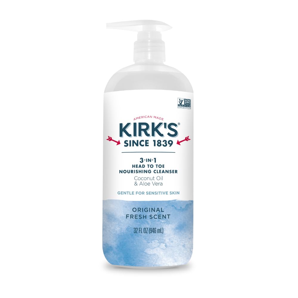 Kirk's 3-en-1 nutritivo, botella frontal, limpieza suave para cabeza y cuerpo