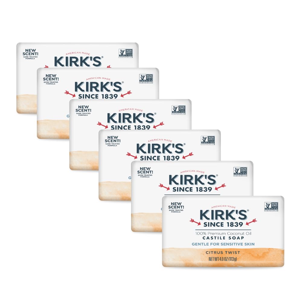 Kirk’s Castile aroma cítrico, barra de 4 oz, limpieza suave para piel sensible.