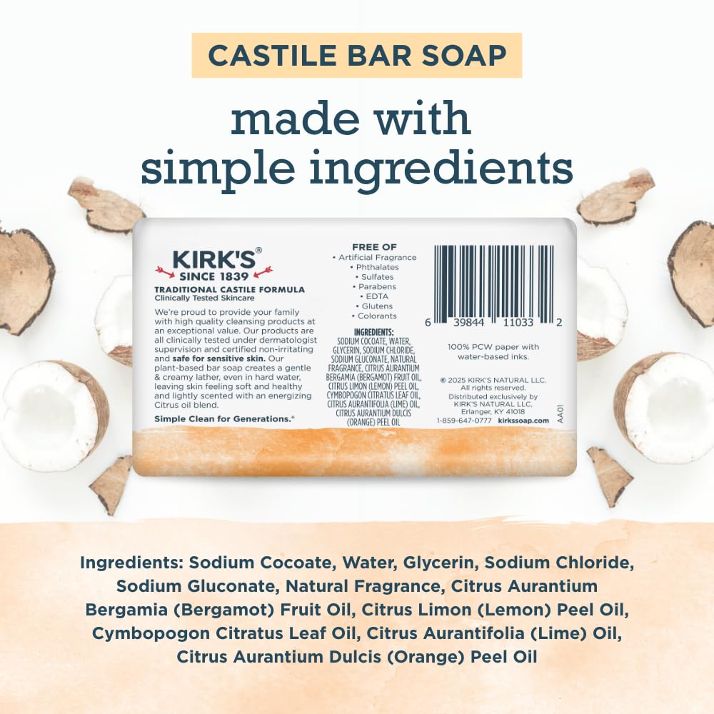 Kirk’s Castile barra piel sensible; limpieza suave y delicada.