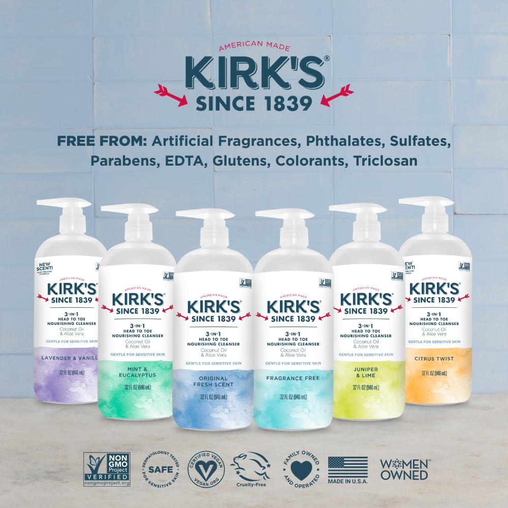 Kirks 32 oz pump bottle highlights value and long-lasting supply.