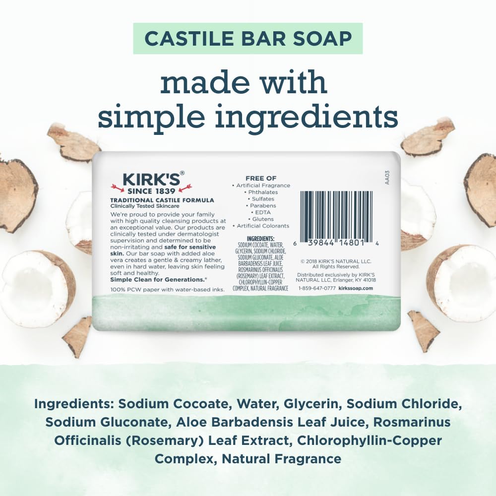 Kirks Castile Jabón: ingrediente aceite de coco para limpieza suave.