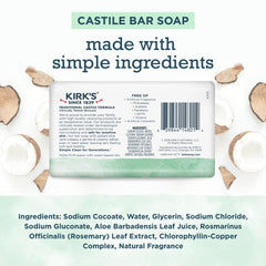 Kirks Castile Jabón: ingrediente aceite de coco para limpieza suave.