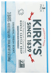 Kirk's Jabón de Castilla Original, etiqueta legible, transmite confianza y pureza.