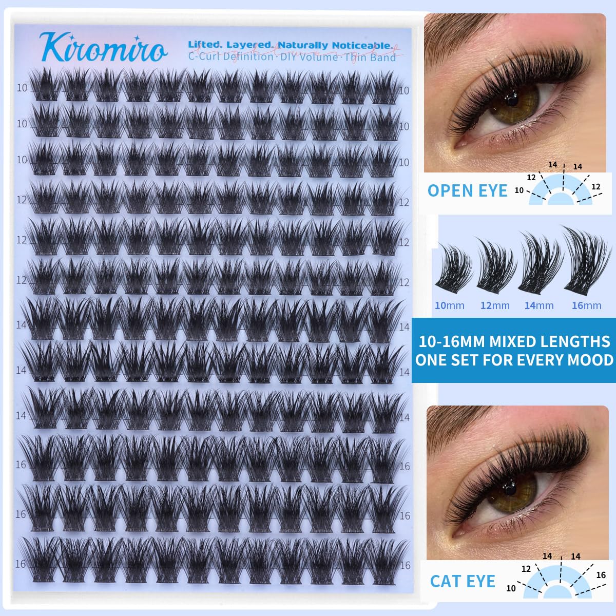 Kiromiro Lash Clusters closeup shows soft fibers for dimensional lash line.