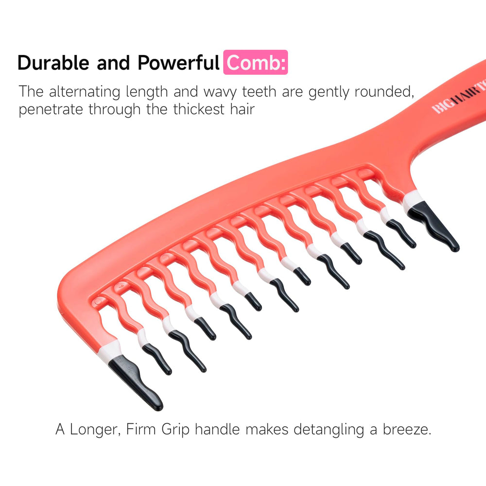 KISMETICS orange wide-tooth comb, side view, smooth glide through long thick curls.