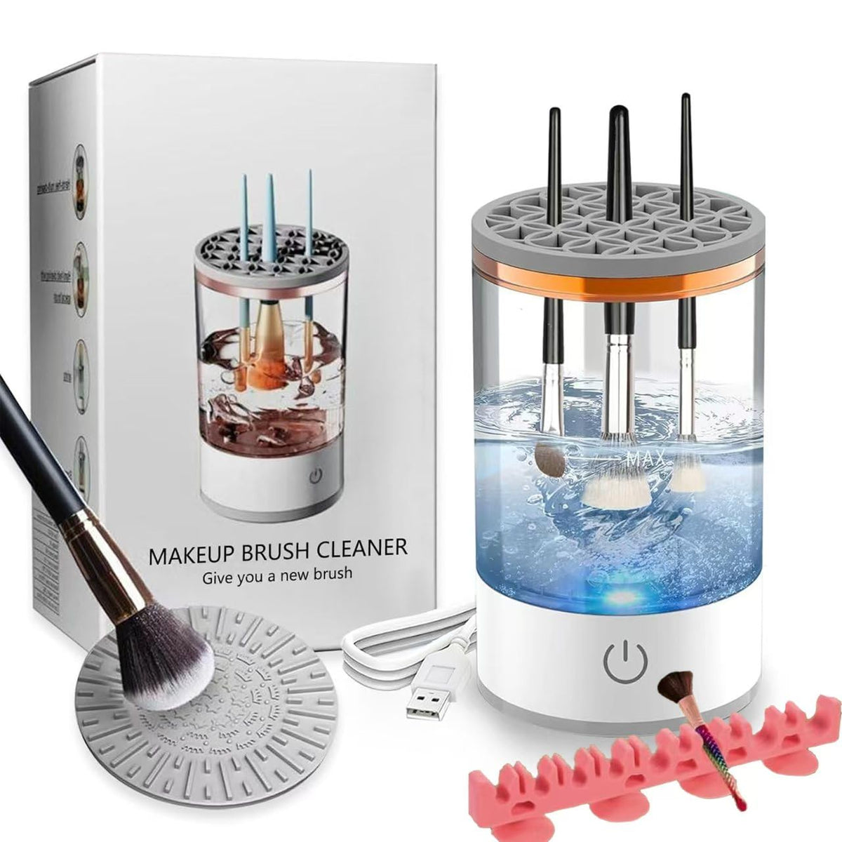 Kismiger electric makeup brush cleaner front view with a compact, travel-friendly design.