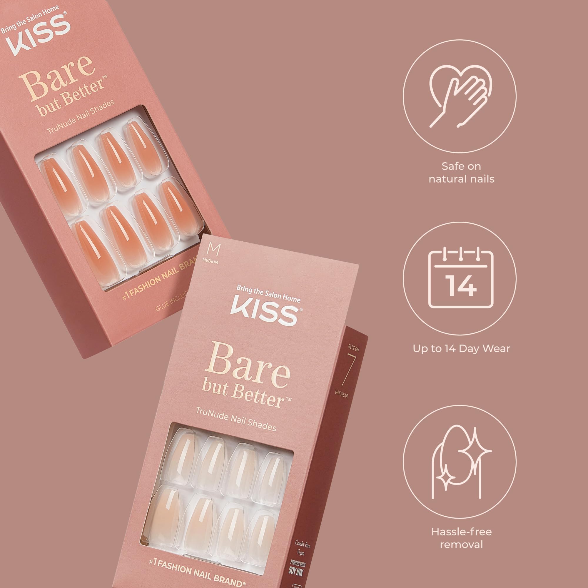 Hands apply KISS Bare but Better nails for a fast DIY manicure.