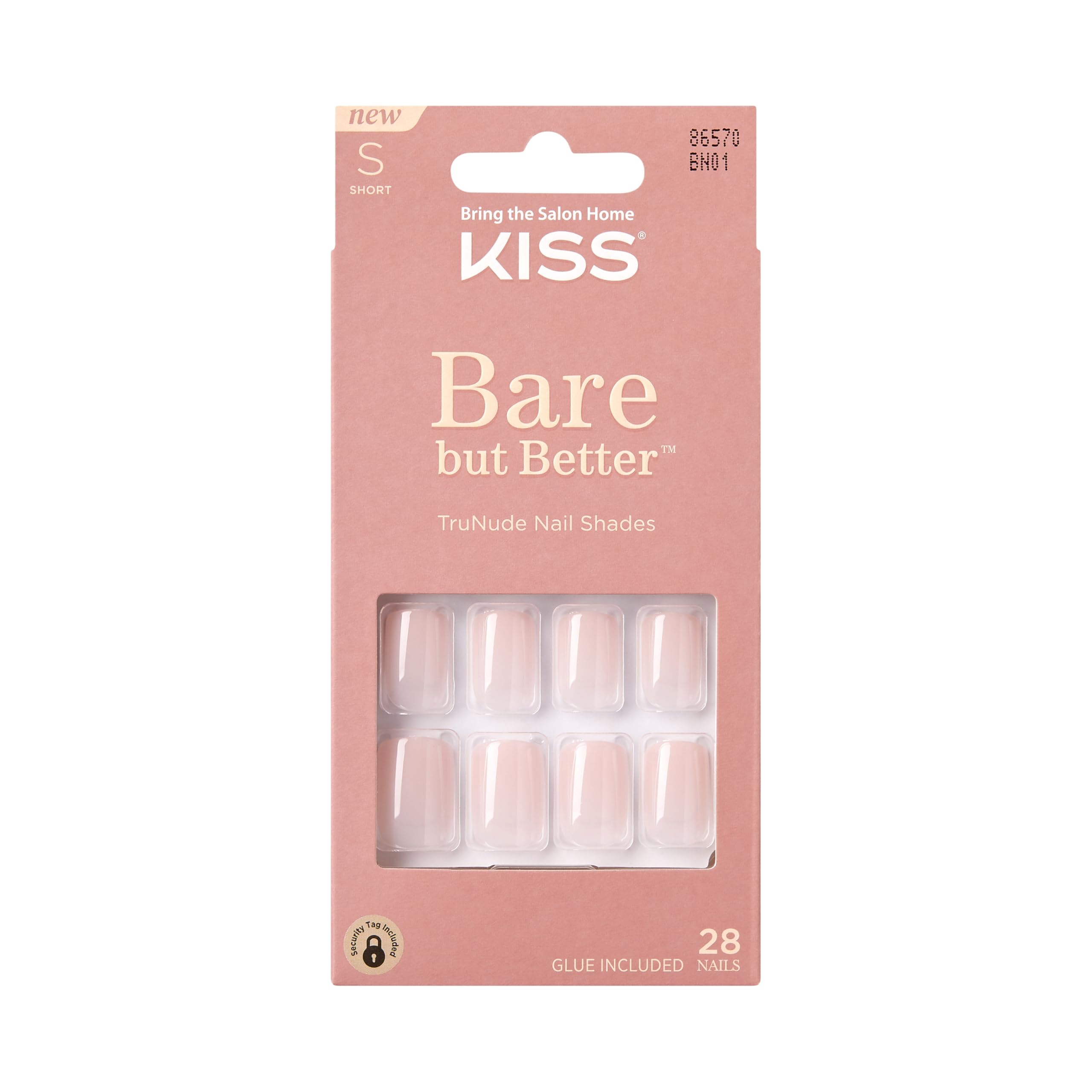 KISS Bare but Better glossy pink press-on nails in short square shape for everyday glam.