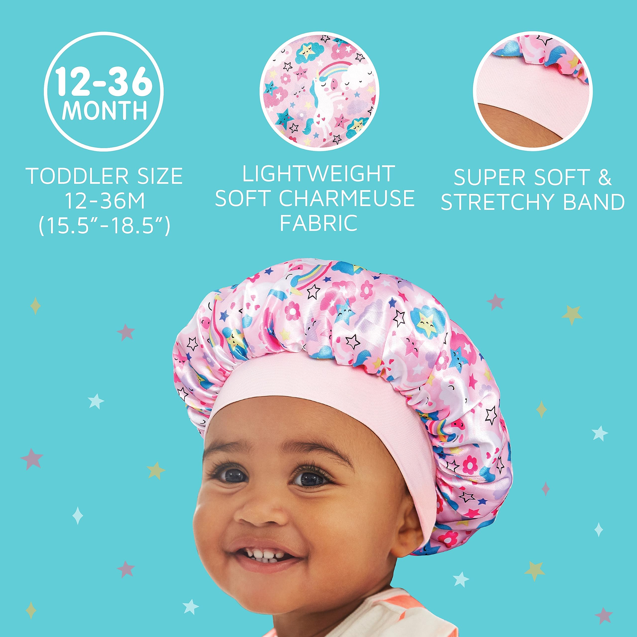 Bonete Kiss Colors & Care satín con estrellas cuida los rizos sin fricción al dormir
