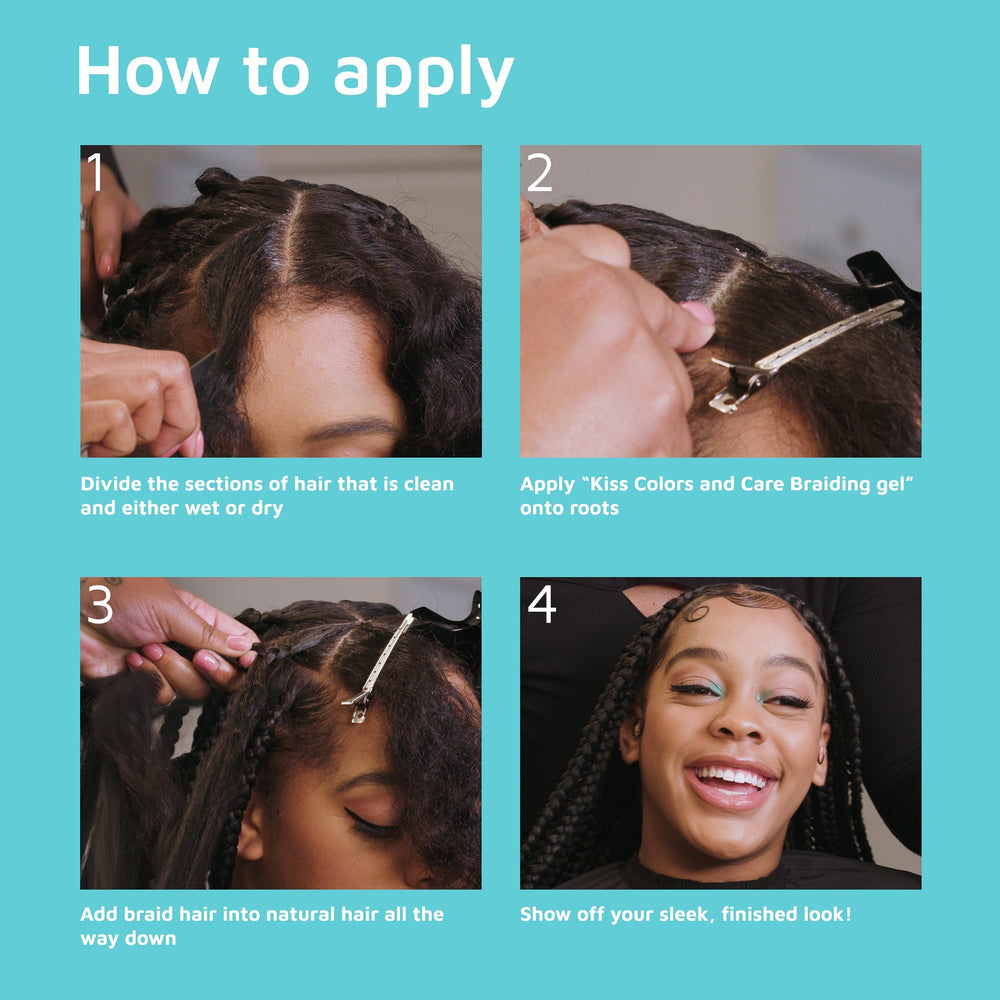KISS Colors & Care Braid Gel on braids for smooth, defined styles