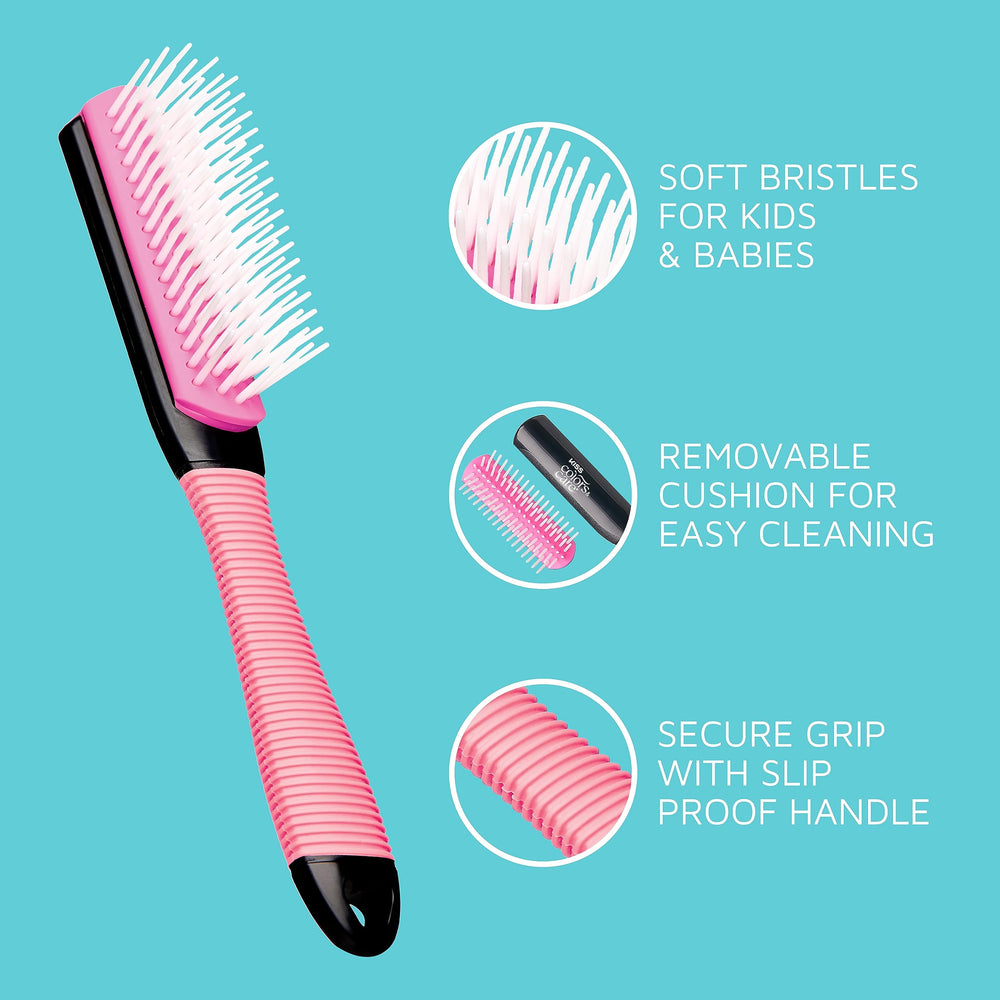 KISS Colors & Care detangler brush non-slip handle improves control during grooming.