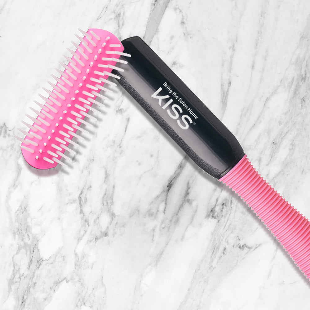 KISS Colors & Care pink detangler closeup shows knot-free results.