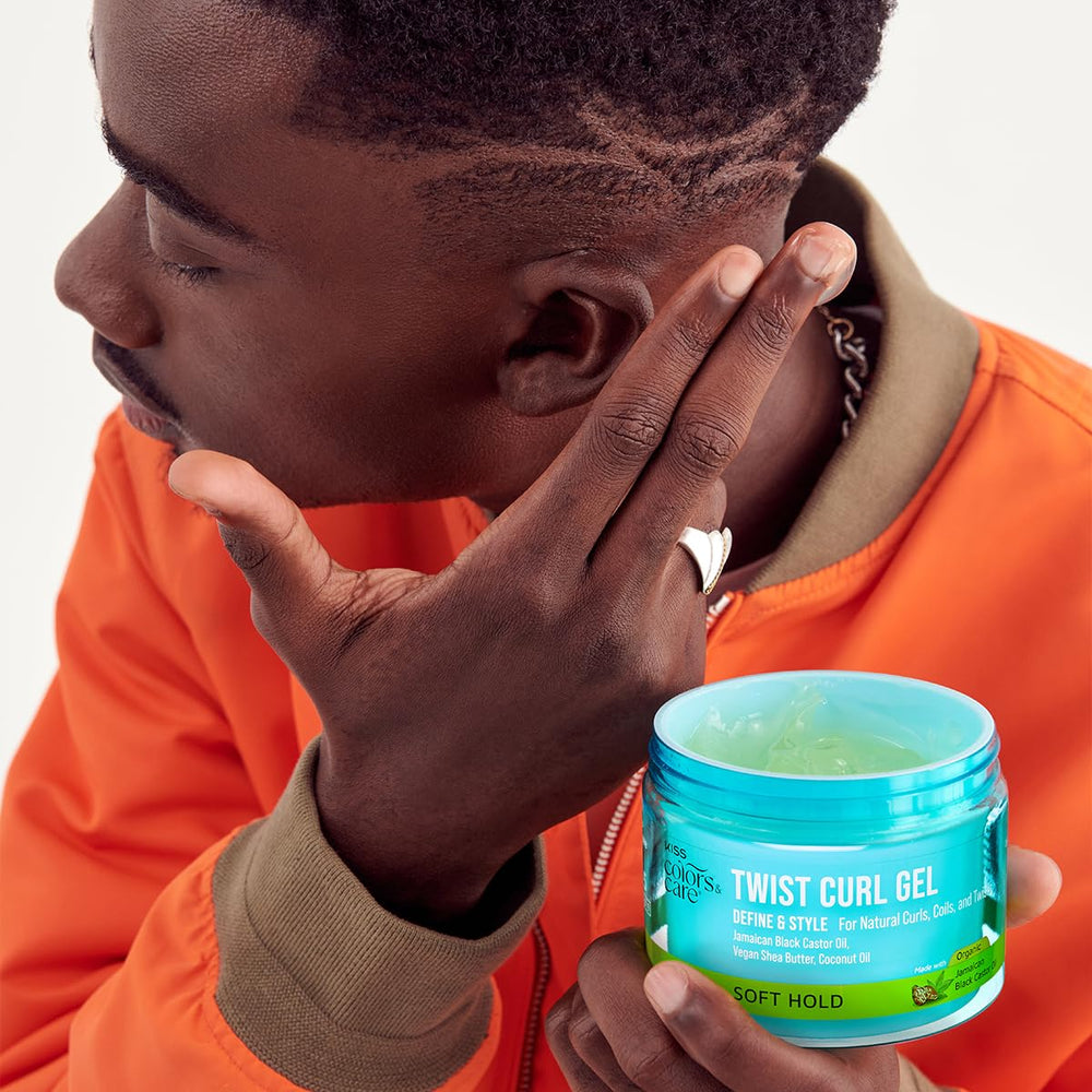 KISS COLORS & CARE Twist Curl Gel on-model demonstrates twist-out styling with moisture.