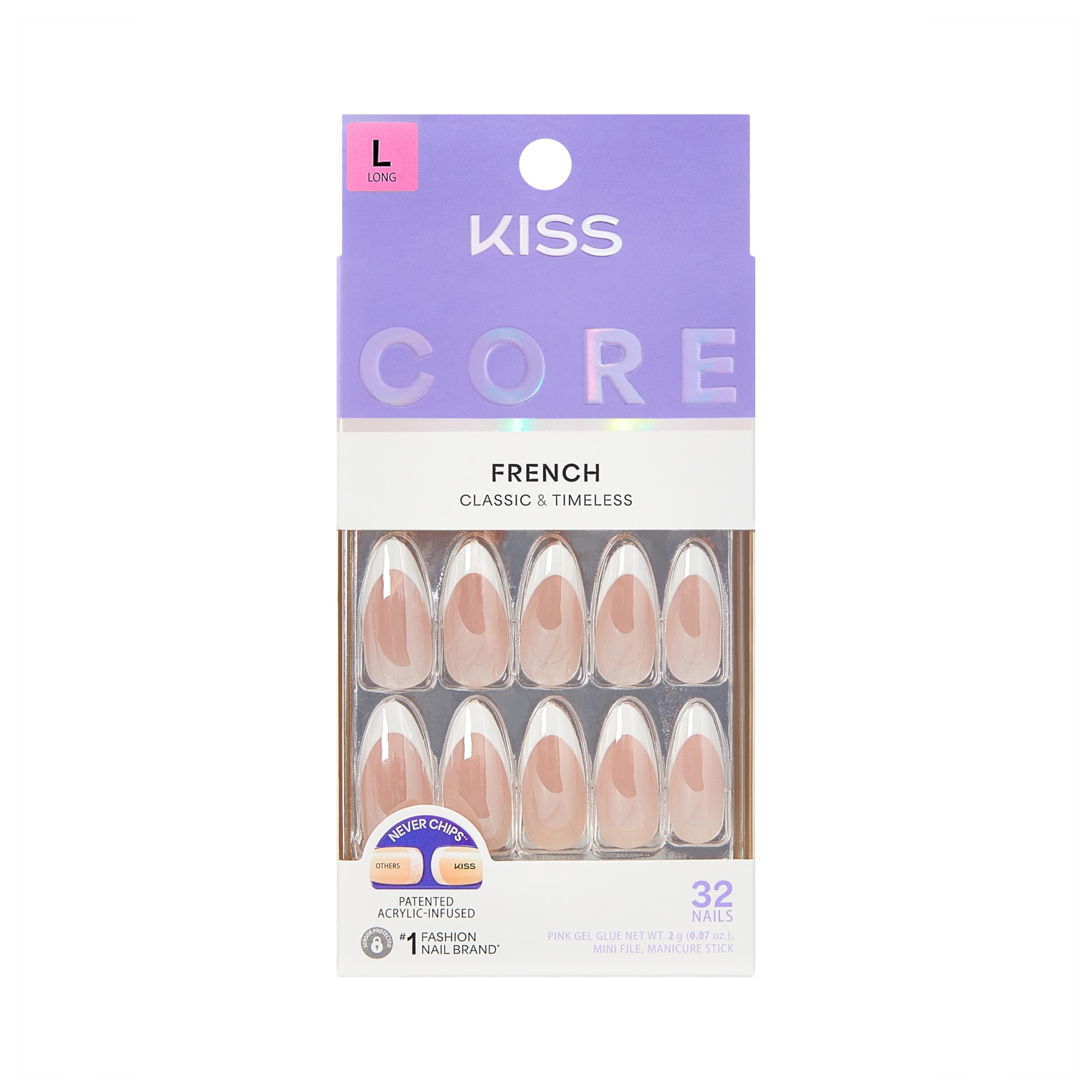 KISS CORE fascinating white almond press-on nails package for quick, durable manicure