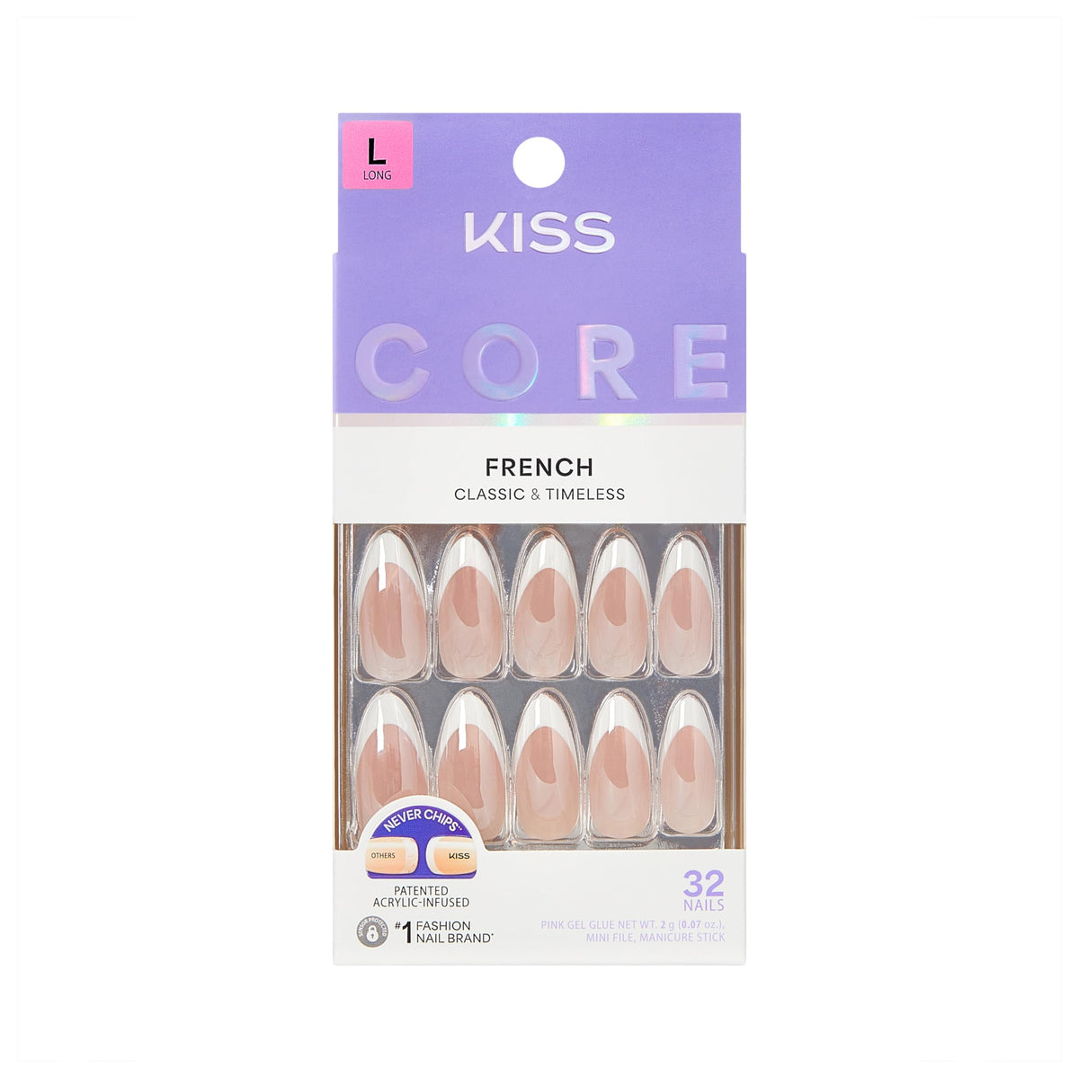 KISS CORE fascinating white almond press-on nails package for quick, durable manicure