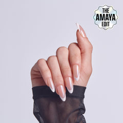 KISS CORE white almond press-on nails close-up with chic French tips
