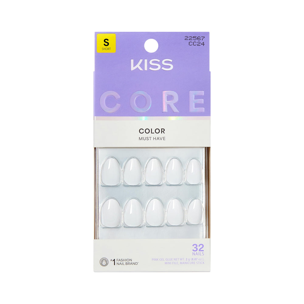 KISS CORE Lyrical nails in white almond short for a chic, minimalist manicure.