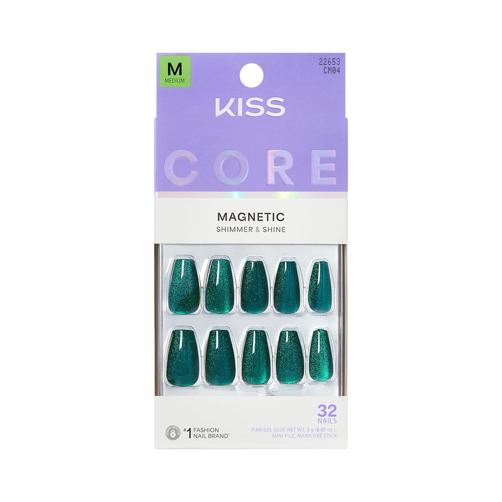 KISS CORE: uñas magneticas con brillo esmeralda en coffin para un look sofisticado.