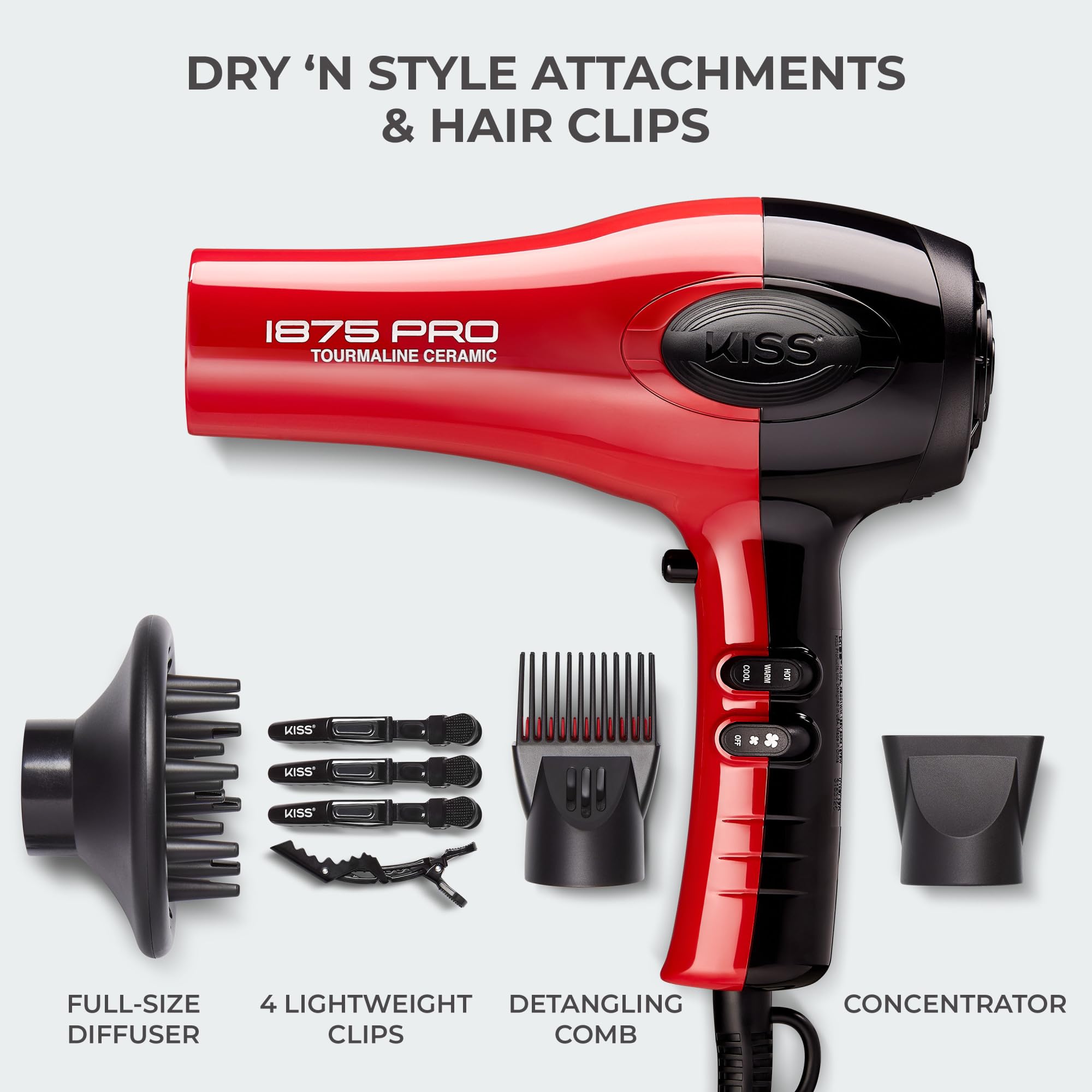 KISS diffuser attachment creates even airflow for natural-looking volume.