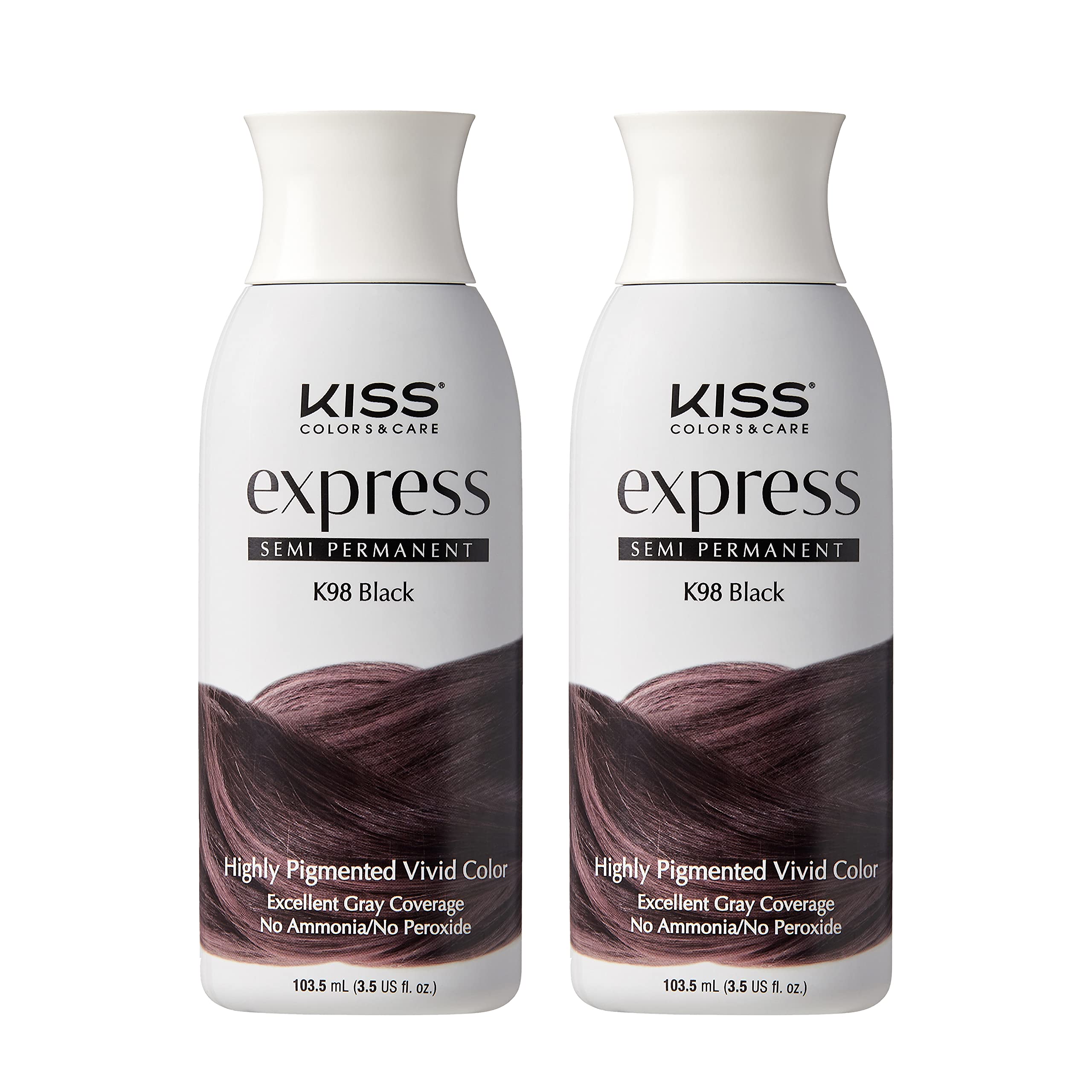 Kiss Express hair color bottle close-up shows rich pigment for bold looks.