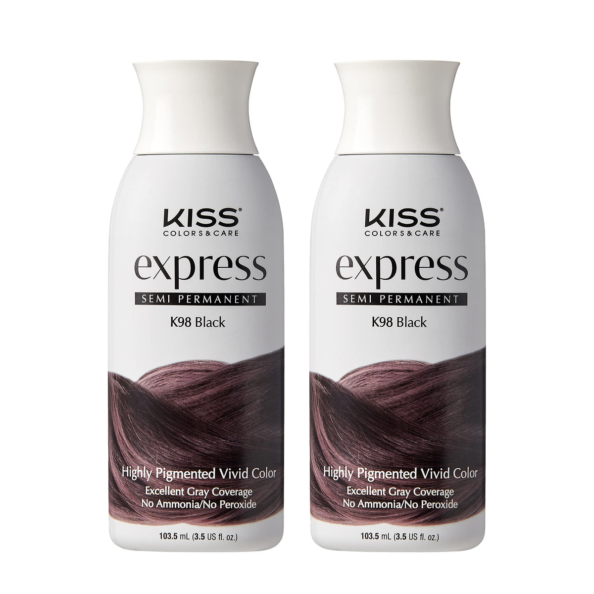 Kiss Express hair color bottle close-up shows rich pigment for bold looks.