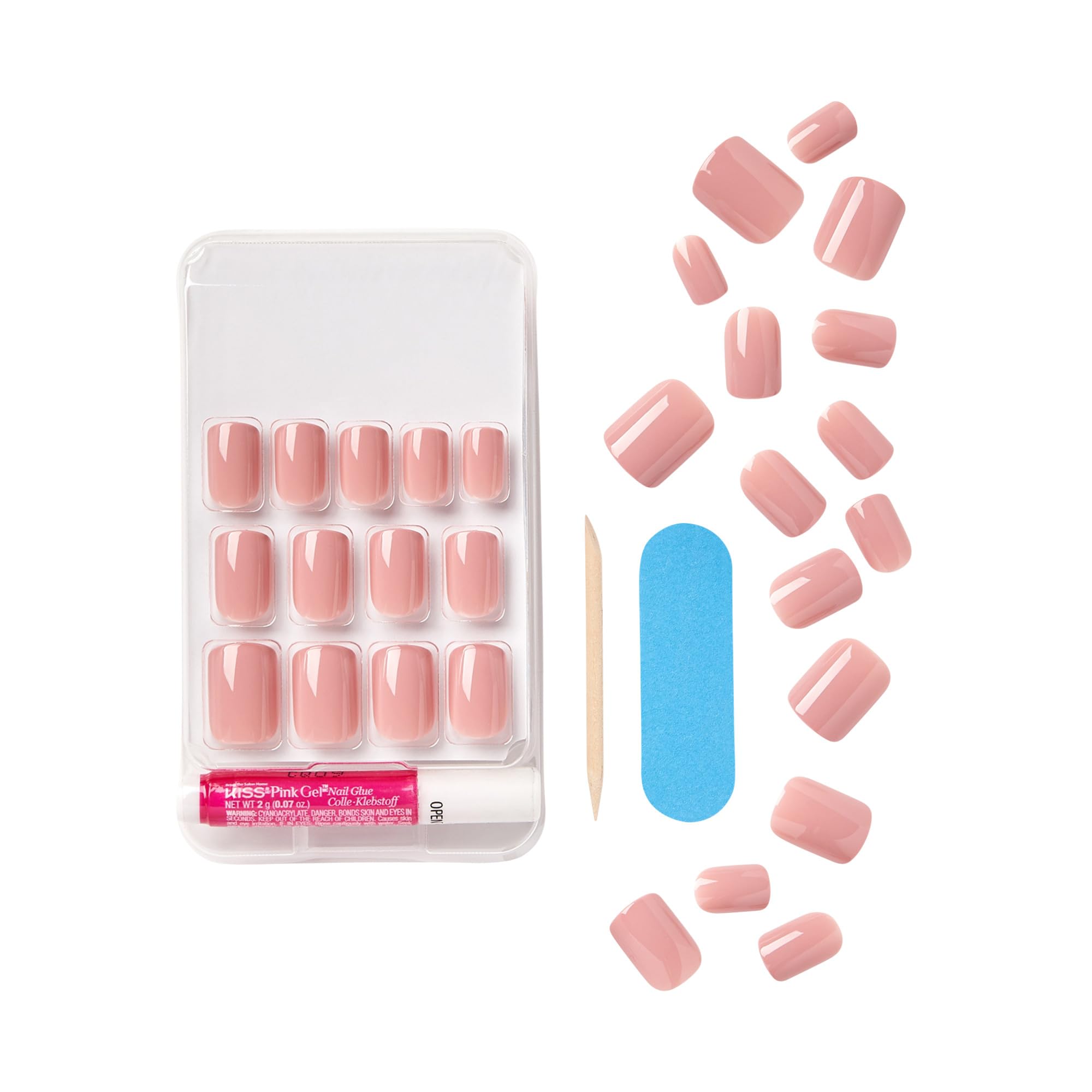 KISS Gel Fantasy ribbons pink nails—unboxing shot shows a complete nail kit with glue and tools.