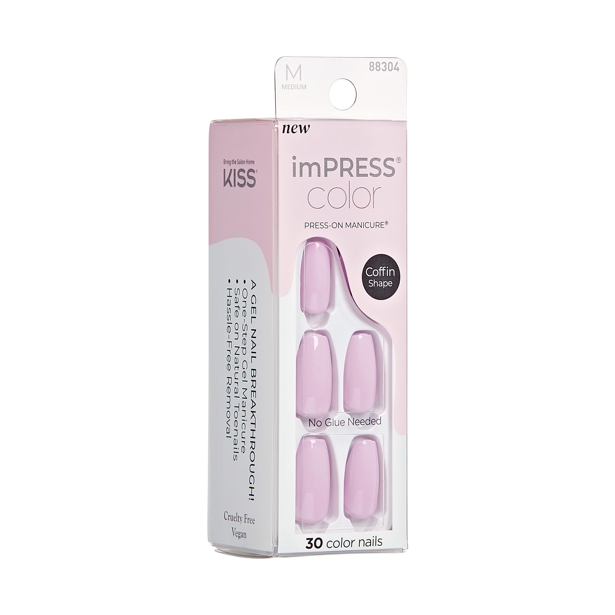 KISS Impress Color sin pegamento acabado ultrabrillante para manicura instantánea.