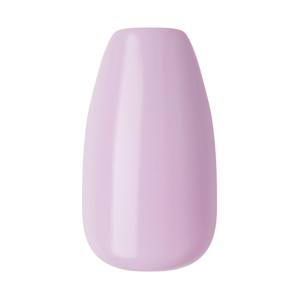 KISS Impress Color sin pegamento uñas forma ataúd lavanda, aspecto natural y cómodo.