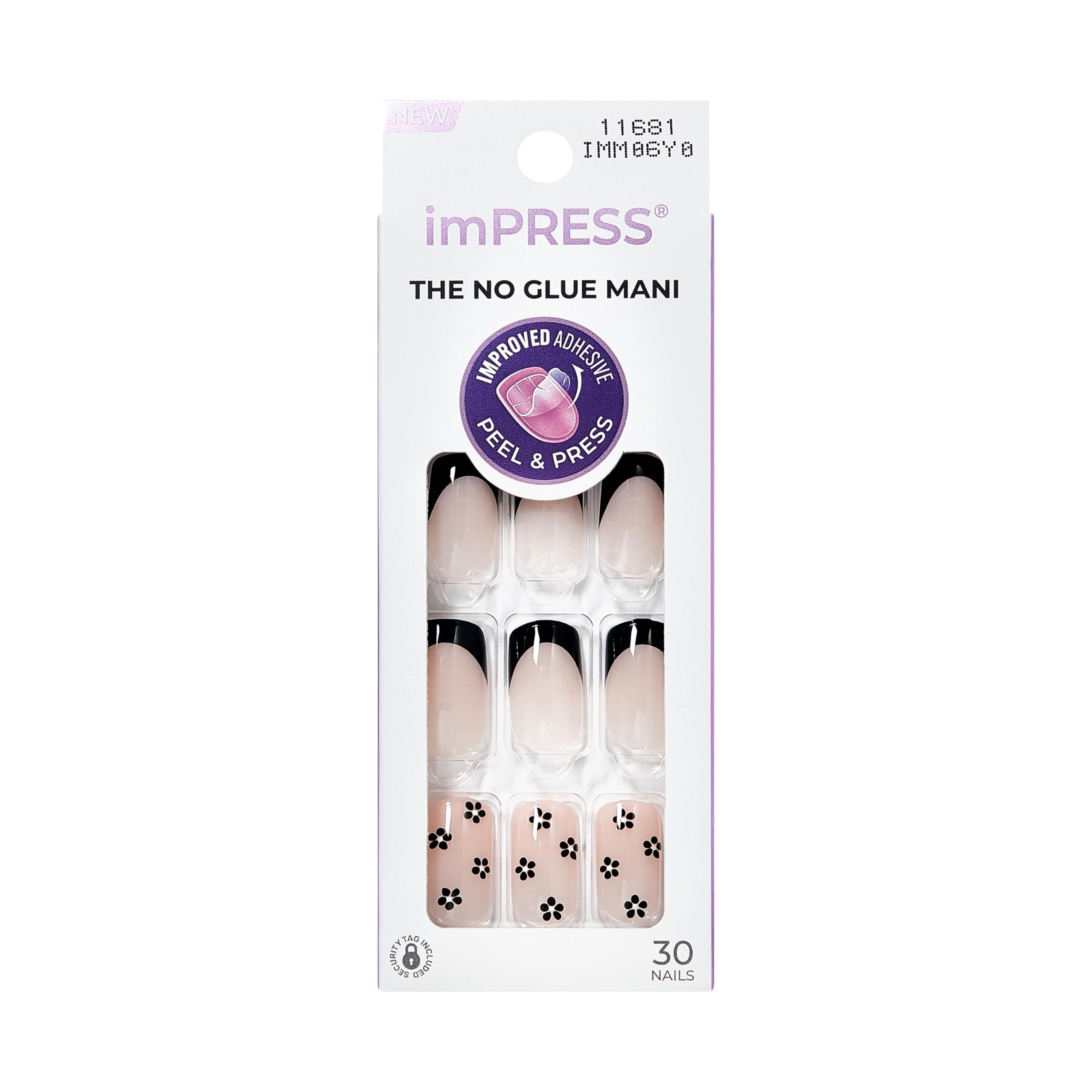 KISS imPRESS No Glue Mani con 30 piezas y tallas variadas para ajuste perfecto.