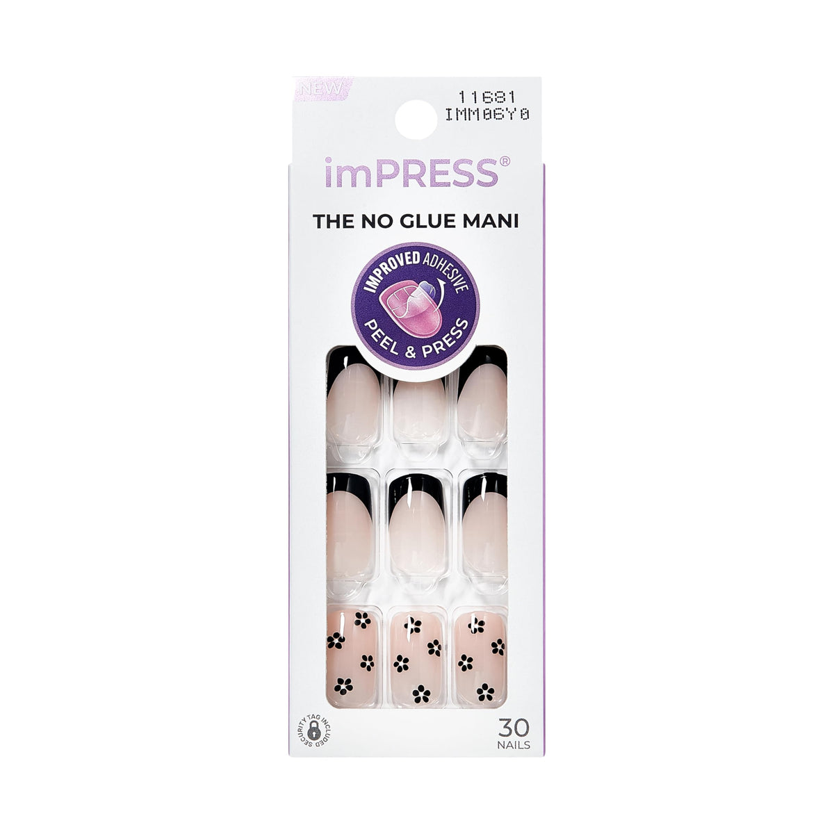KISS imPRESS No Glue Mani con 30 piezas y tallas variadas para ajuste perfecto.