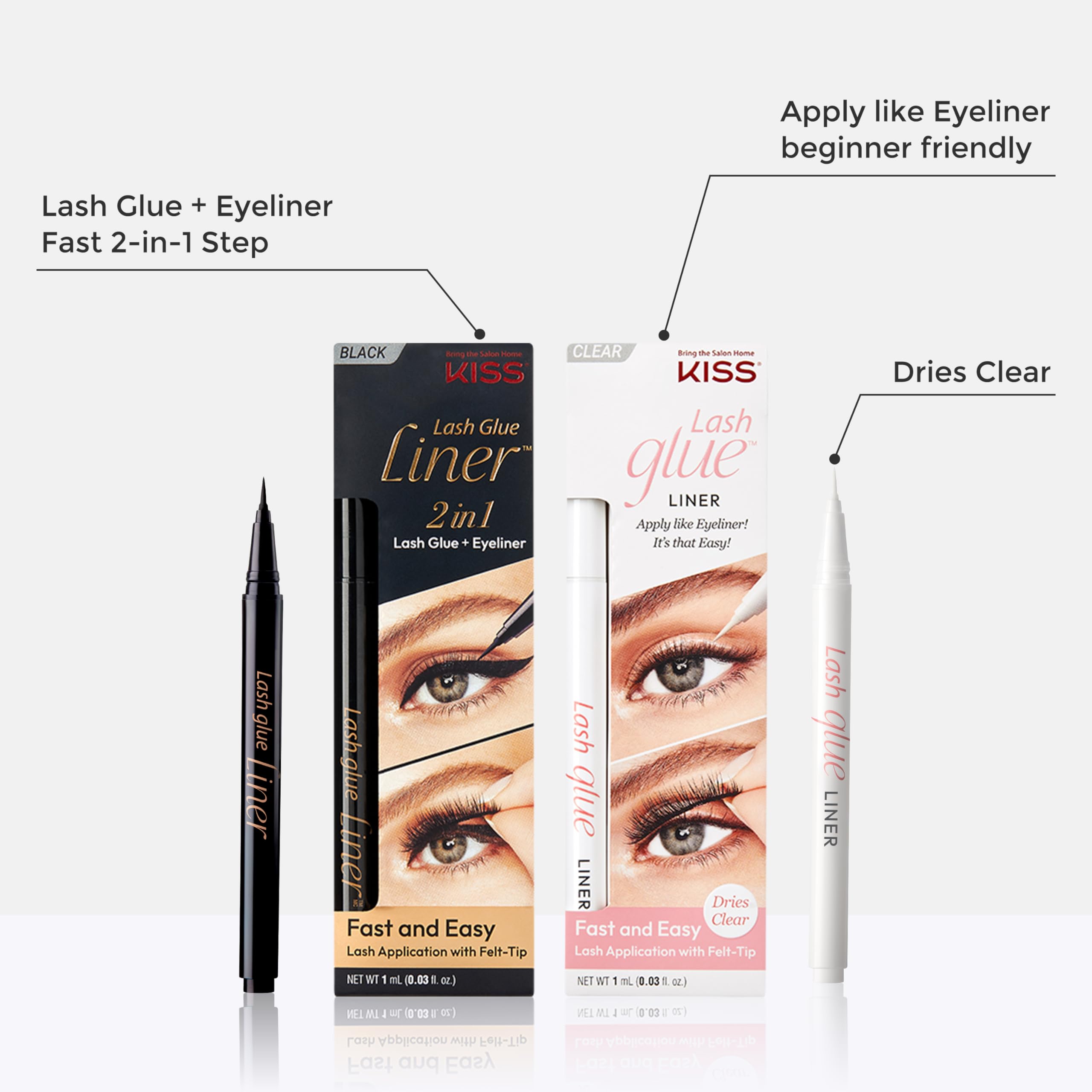 KISS Lash GLUEliner adheres false lashes with quick, secure bonding.