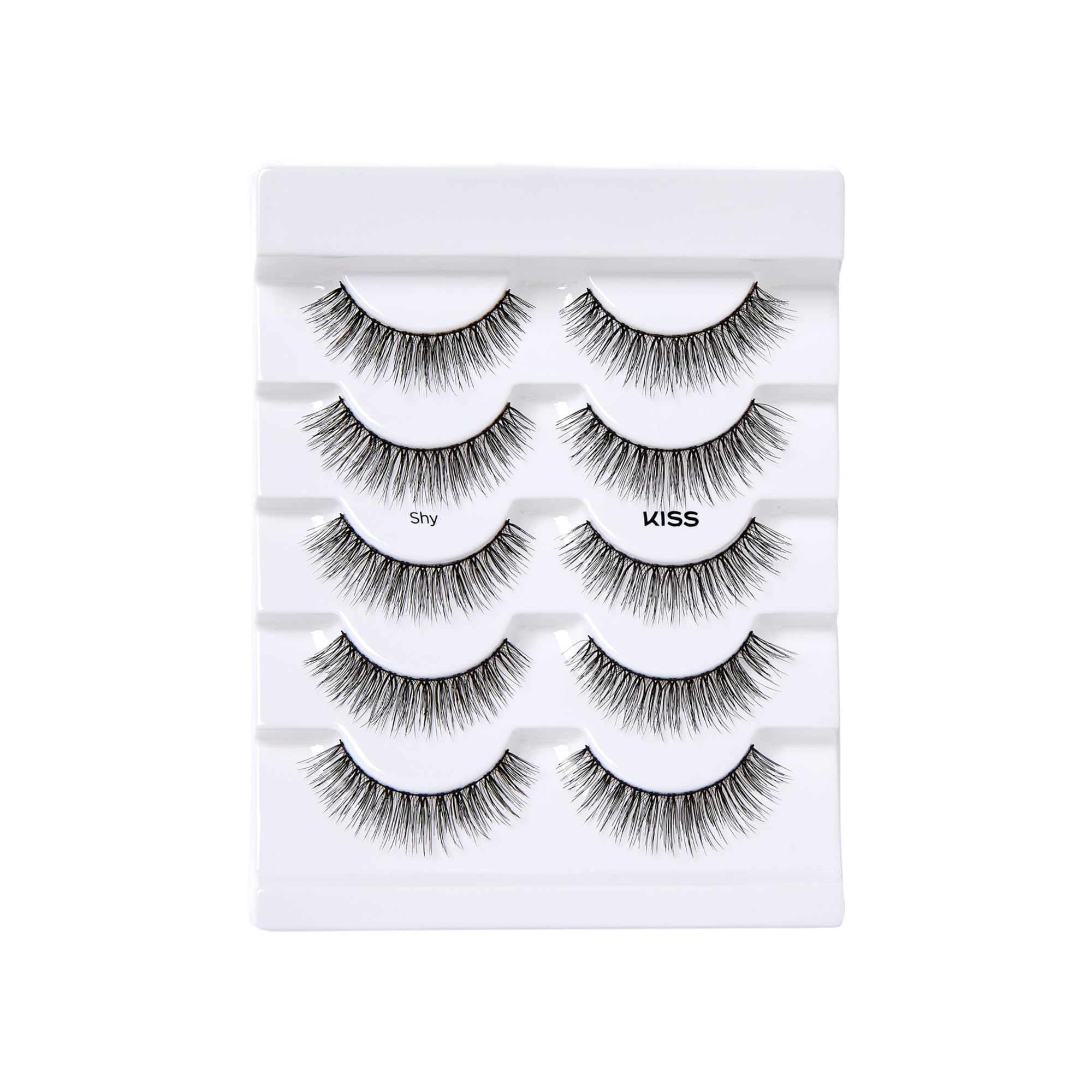 KISS Looks So Natural Shy 12mm lashes outer-corner flare for eye definition.
