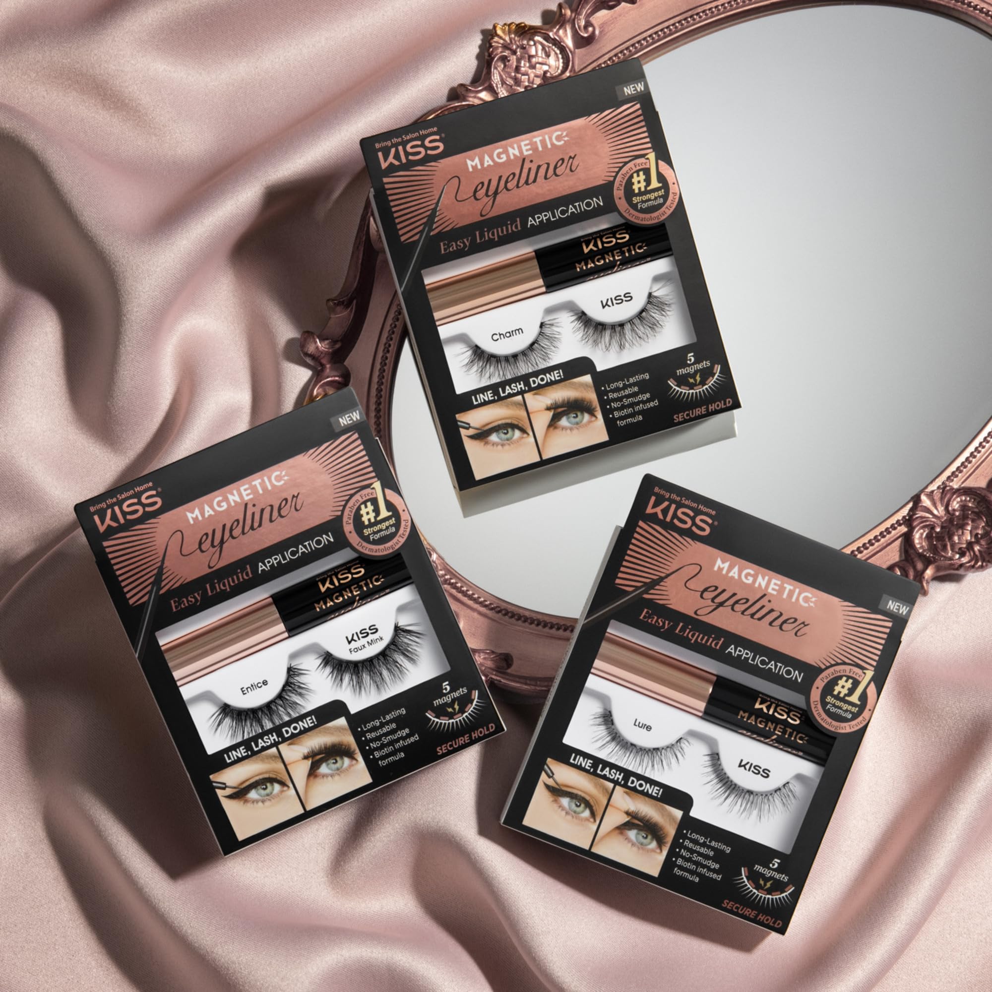 KISS Charm application tools demonstrate easy placement and tidy lashes.