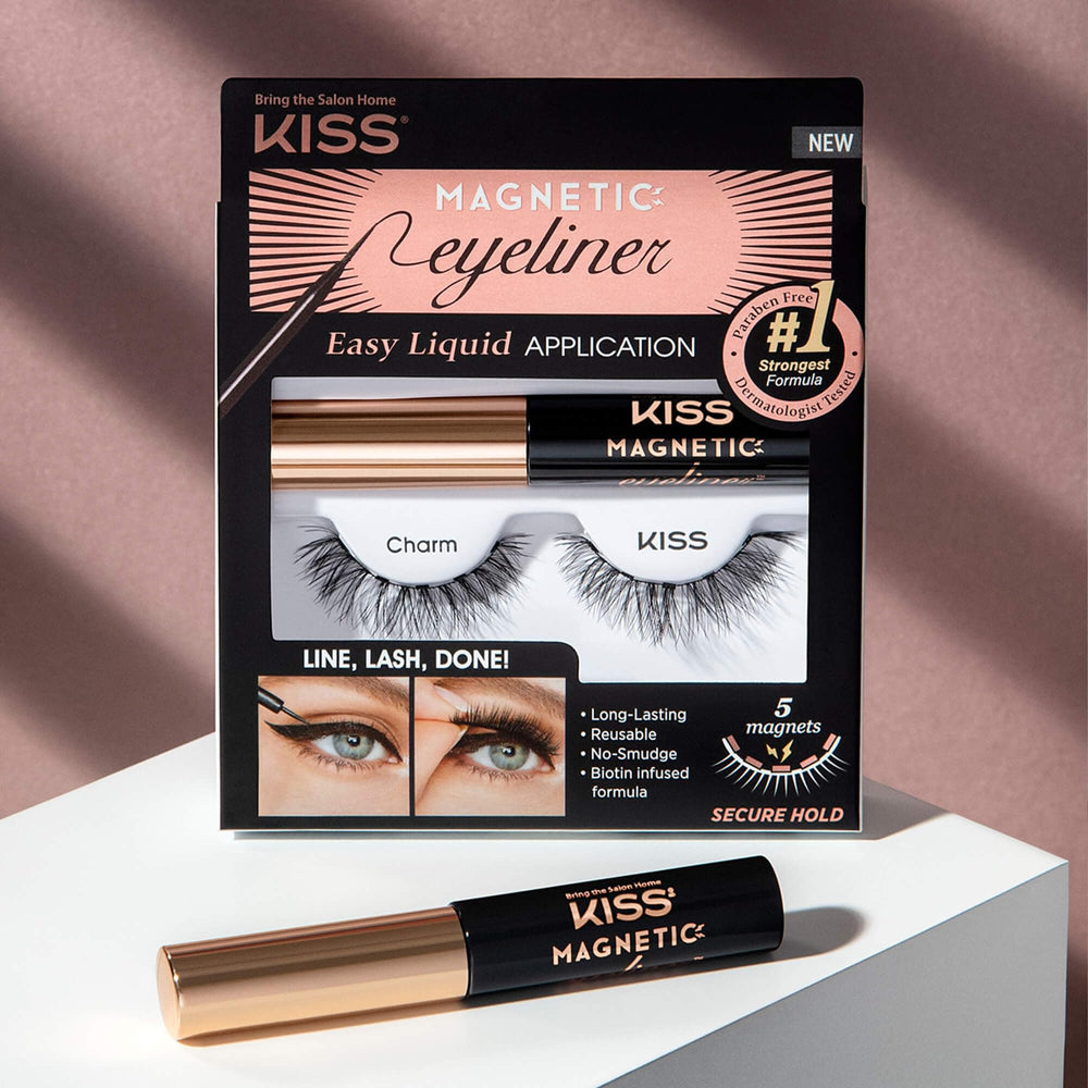 KISS Charm eyeliner demonstrates smudge-proof, wind-resistant wear.