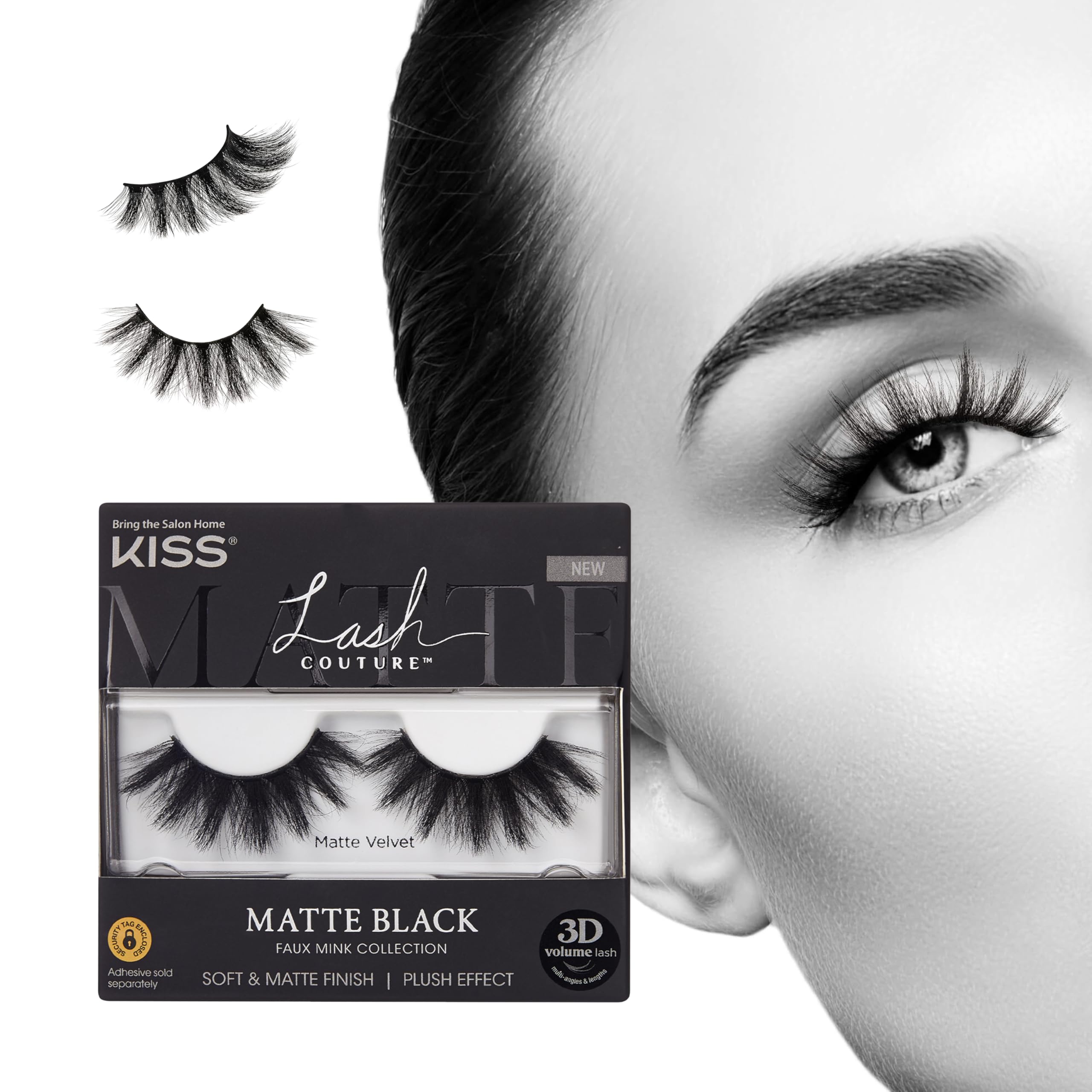 KISS Matte Black 16mm lashes close-up with matte velvet finish for dramatic eyes.