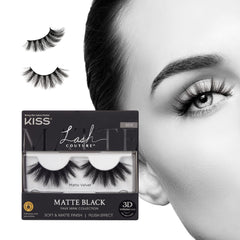 KISS Matte Black 16mm lashes close-up with matte velvet finish for dramatic eyes.