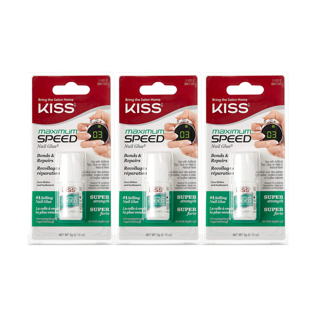 Kiss Maximum Speed Nail Glue 3-Pack box for quick nail repairs.