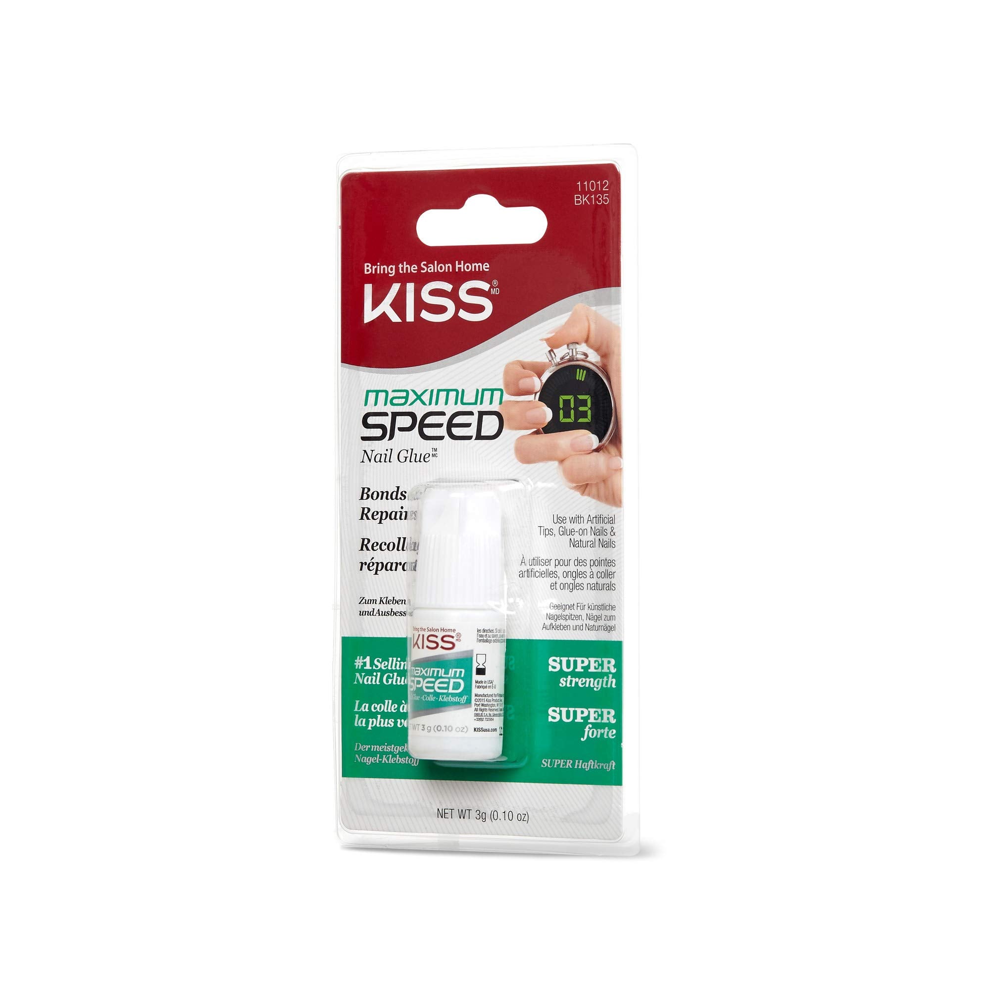 Kiss Maximum Speed Nail Glue close-up bottle for precise application.