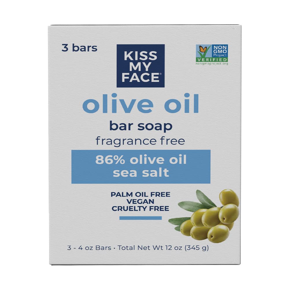 Kiss My Face Jabón de Aceite de Oliva sin fragancia para piel suave y limpia.