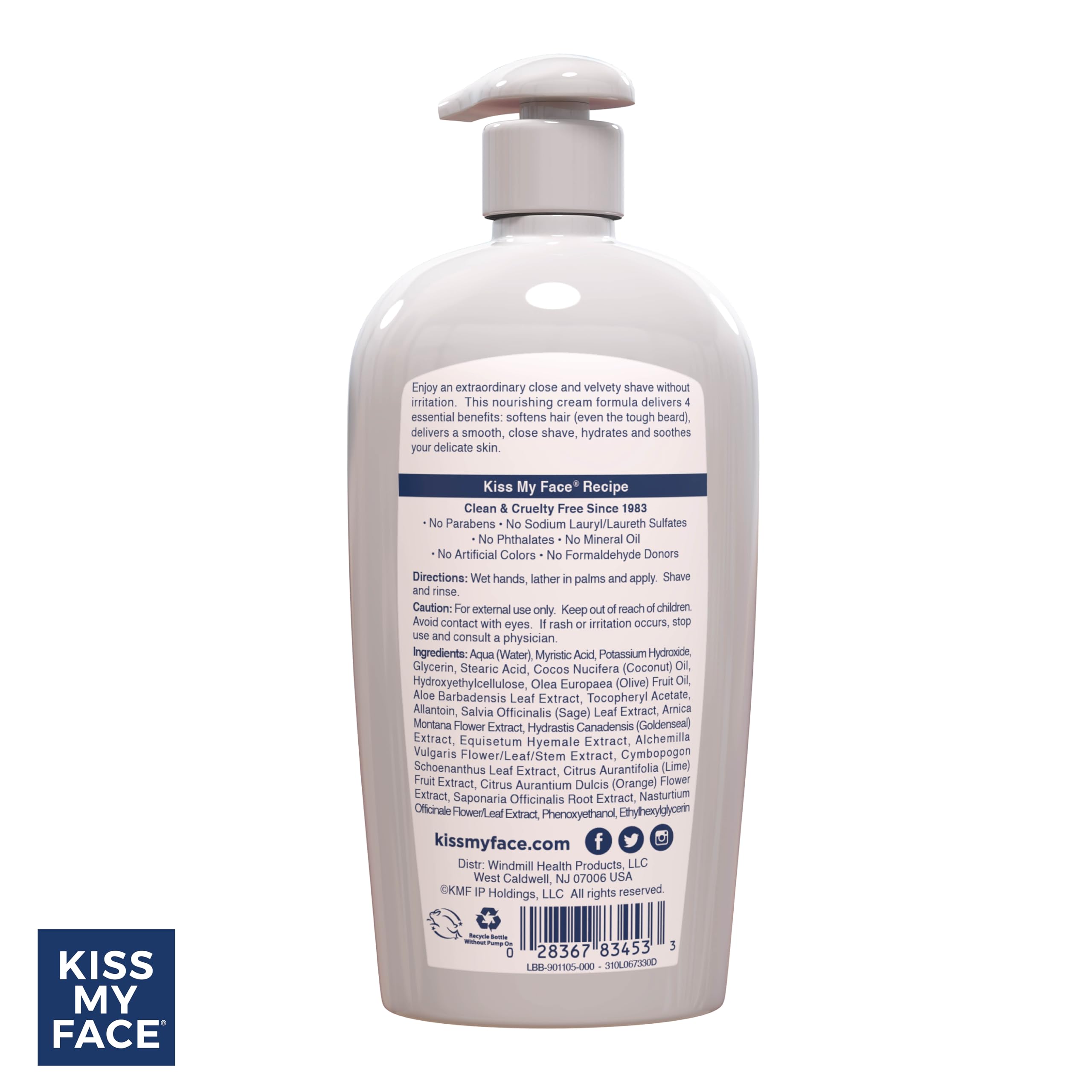 Vegan, cruelty-free Kiss My Face label emphasizes clean ingredients in the shave cream.