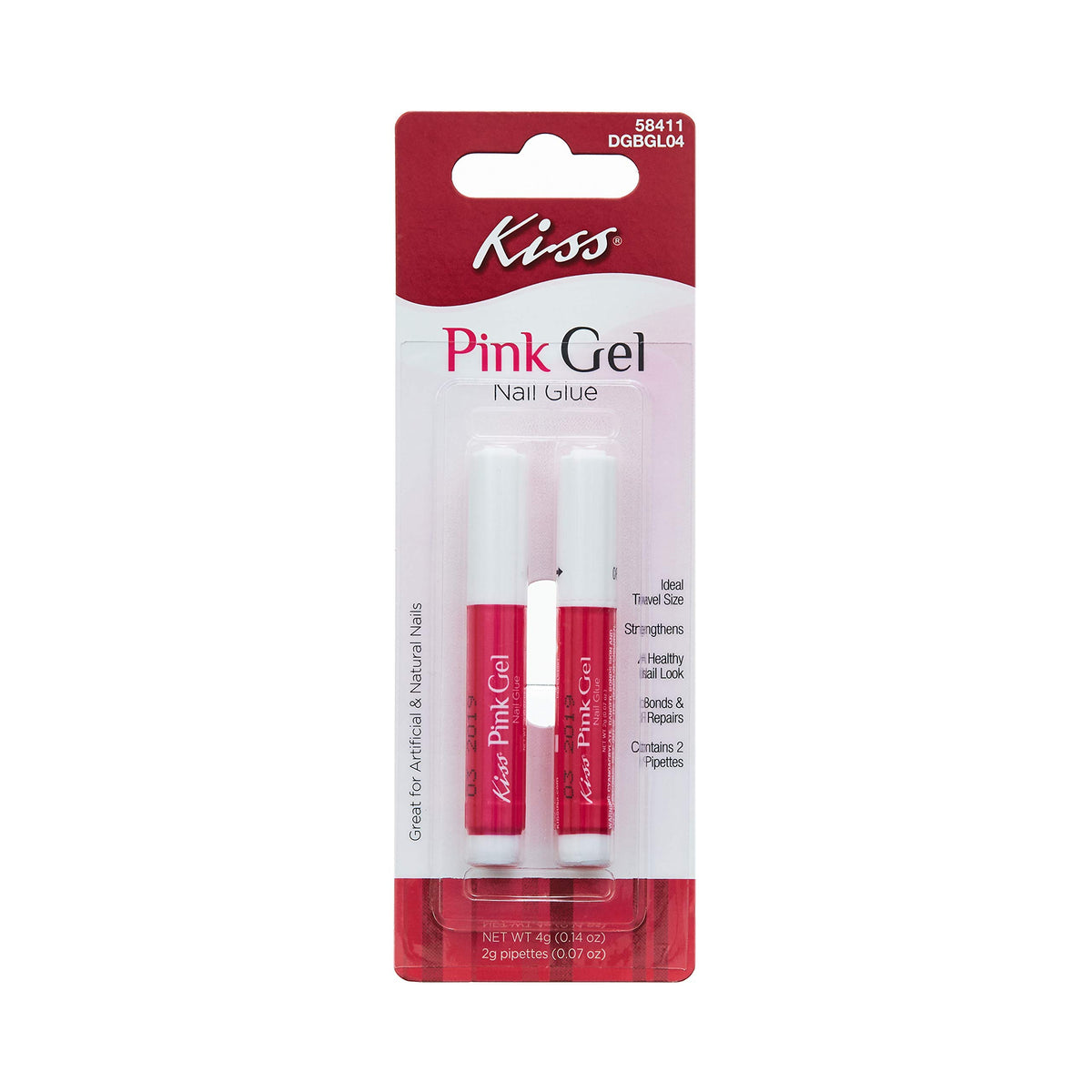 KISS Pink Gel Nail Glue bottle with two pipettes for secure adhesion.