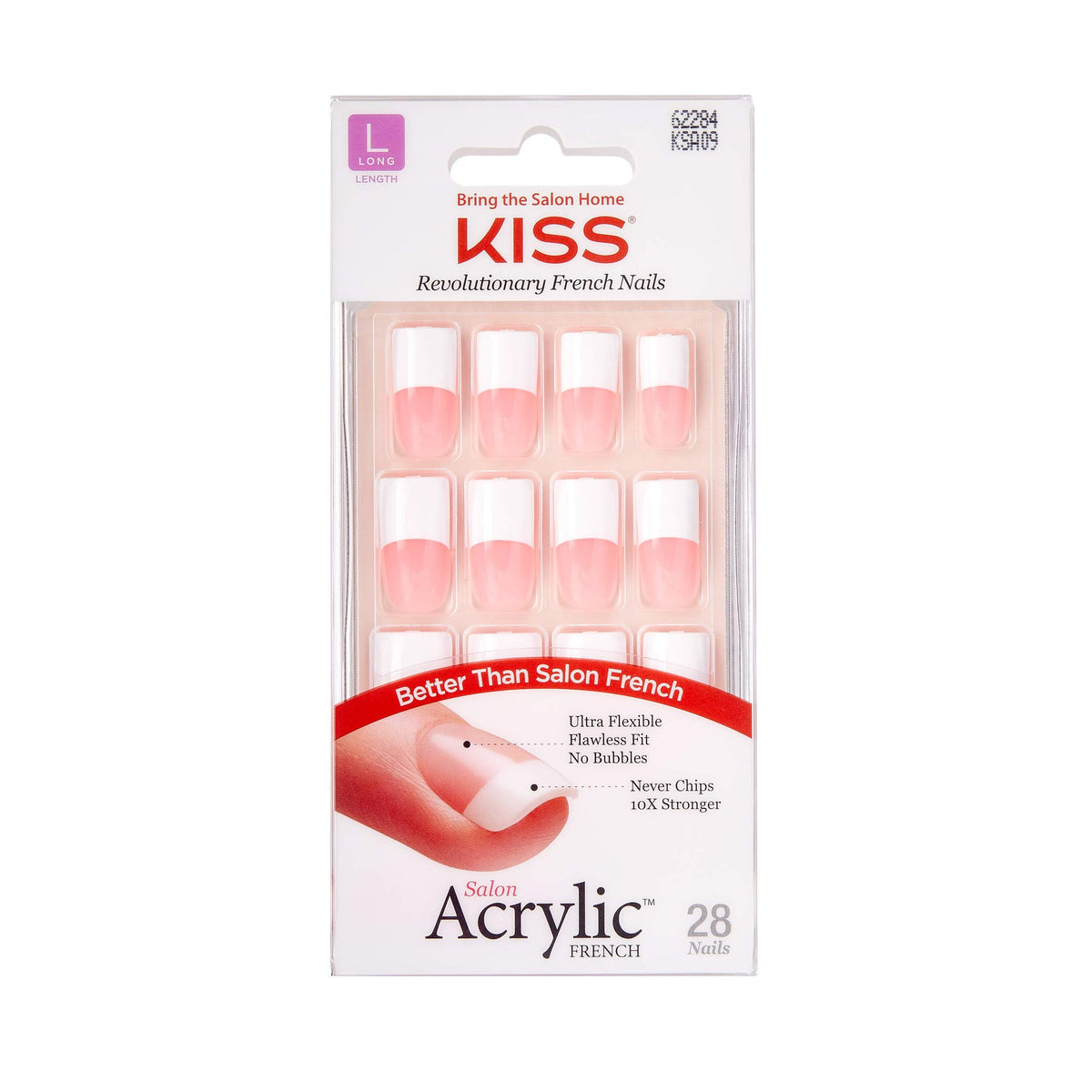 Kiss Salon uñas acrílicas 28, diseño francés para apariencia elegante y duradera.