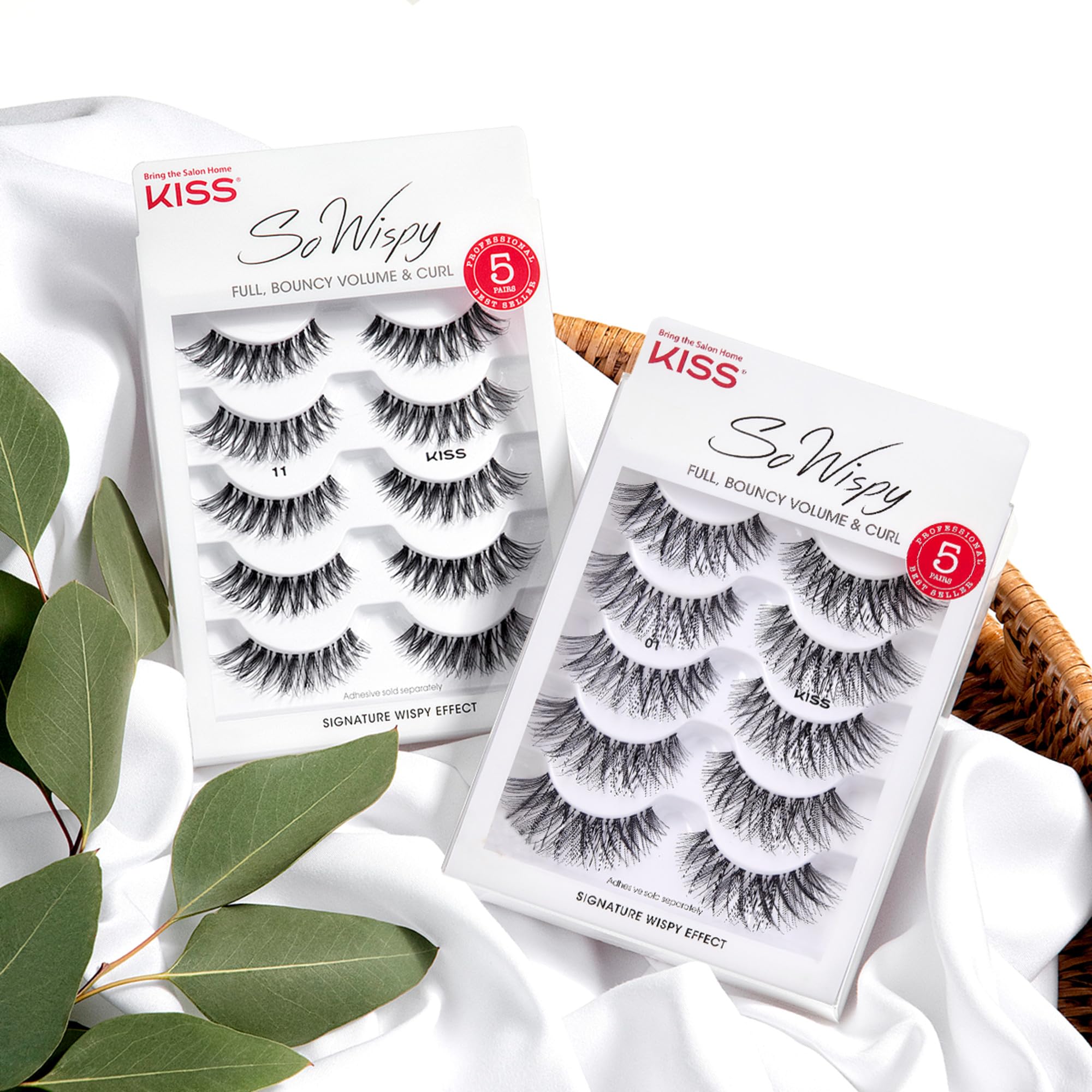KISS 14mm wispy lashes, outer corners longer for eye-opening effect.